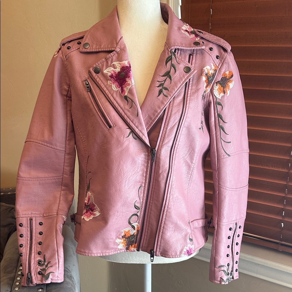 Faux leather Floral Embroidered Pink Moto Jacket sz Large